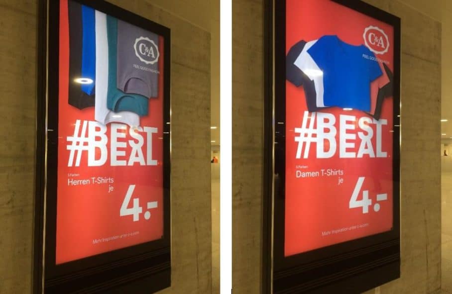 Wenn ein T-Shirt nur 4.- CHF kostet, kriegt irgendjemand zu wenig. C&A bewirbt das trotzdem mit dem Hashtag #BestDeal