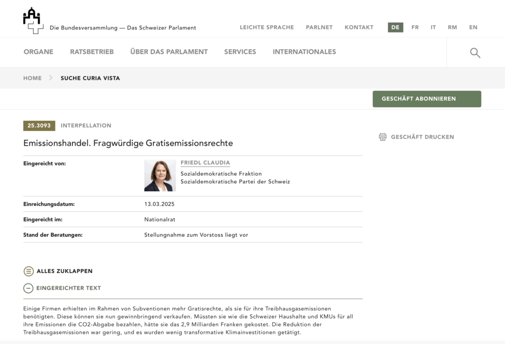 Fragwürdige Gratisemissionsrechte (Interpellation 25.3093)