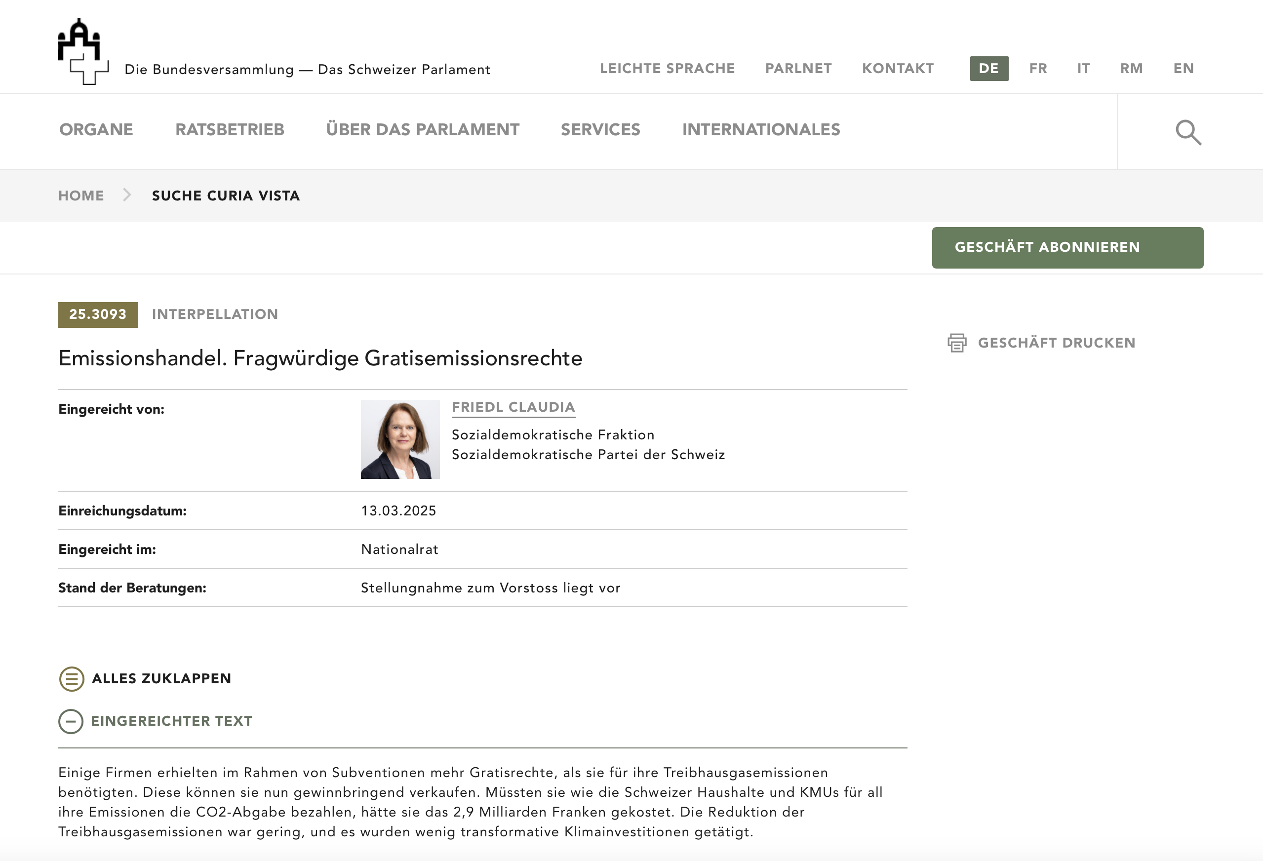 Fragwürdige Gratisemissionsrechte (Interpellation 25.3093)